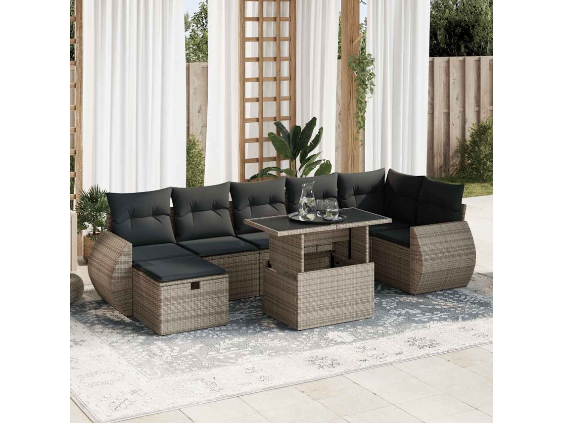 Vidaxl 8 Pcs Conjunto Sofás De Jardim C/ Almofadões Vime Pe Cinzento