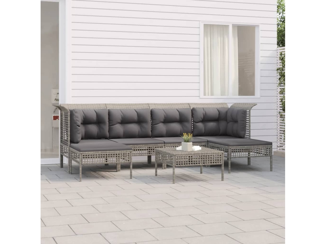 Conjunto 7 Peças Lounge De Jardim C/ Almofadões Vime Pe Cinza Dkd Home Decor