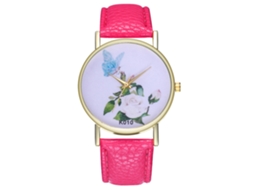 Relógio de quartzo unissex com pulseira de couro PU Zhoulianfa, mostrador floral vermelho e rosa.
