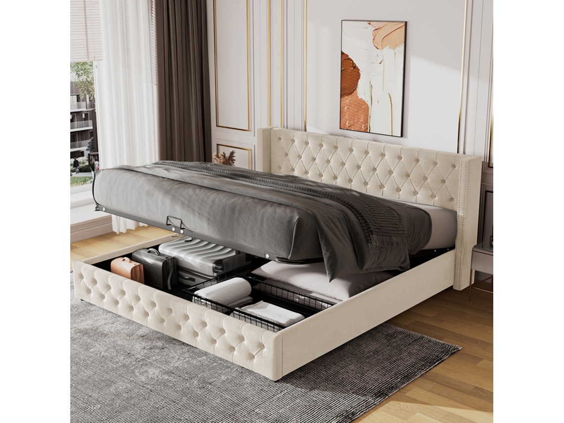 Cama 140x190 Bege Capitonê Função Hidráulica