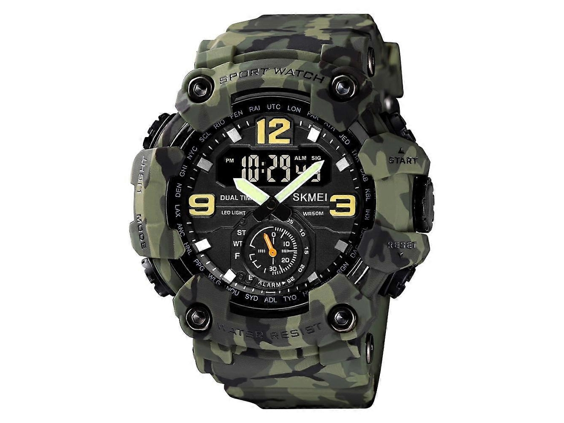 Relógio Masculino Skmei 1637 Esportivo Com Visor Digital, Resistente A Impactos, Mostrador Grande Em Plástico, Cor: Camuflagem Verde Militar.