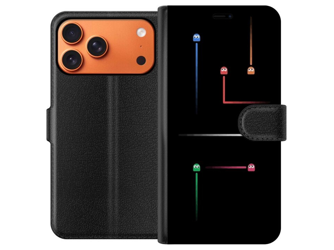 Capa Carteira Compatível Com Apple Iphone 17 Pro Max. Figuras E Linhas Coloridas De Jogos Retrô Em Fundo Preto, Estilo Nostálgico De Fliperama Com Lin