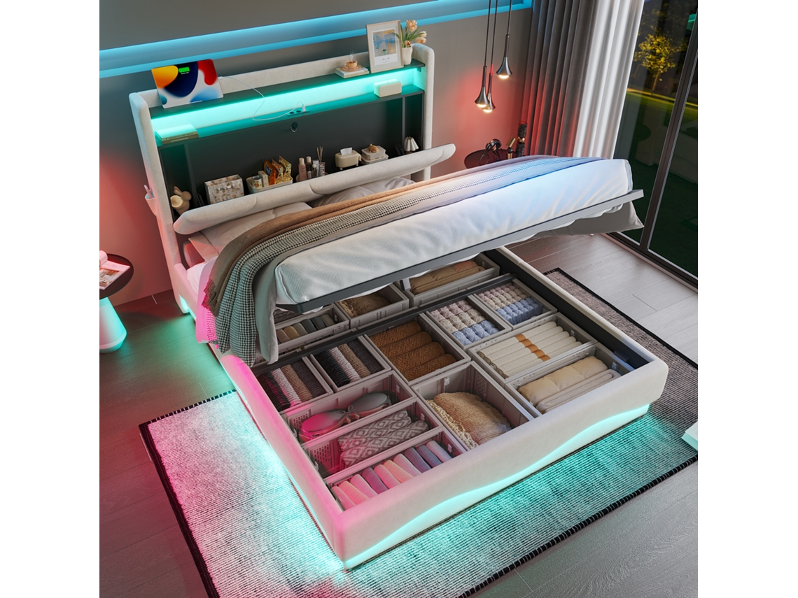 Cama Box 140x200cm Moderna Com Led, Prateleiras, Baú, Ripas Silenciosas, Usb E Bolsos Laterais