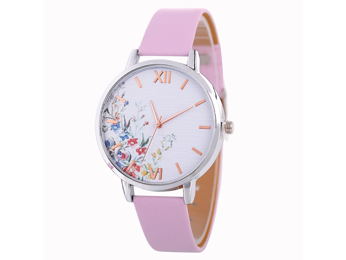 Relógio Feminino de Quartzo com Pulseira de Couro Pu Mostrador Floral Rosa Moda Luxuoso
