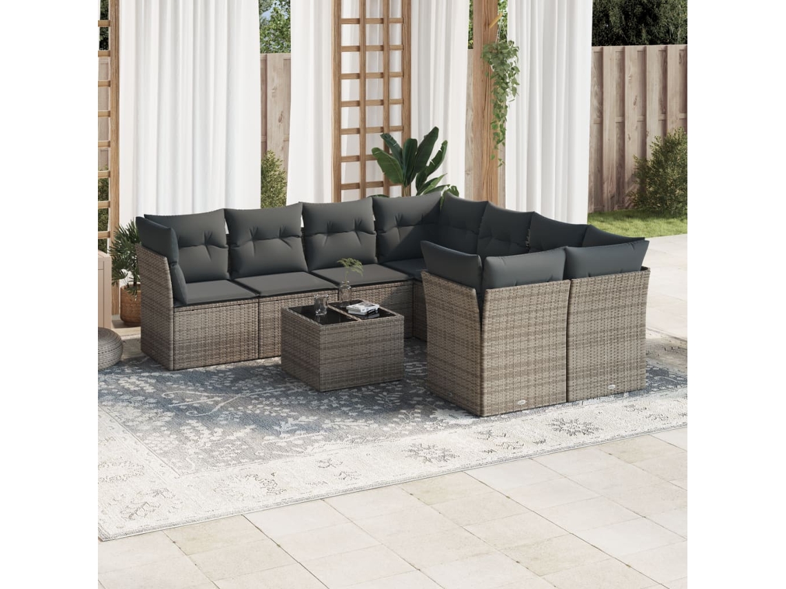 Jogo 9 Peças Sofás P/ Jardin Com Almofadões Vime Pe Cinza Dkd Home Decor