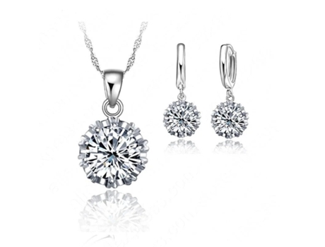 Conjunto 925 Banho de Prata Esterlina Colar Pingente e Brincos Ponto de Luz e Zircnia Hipoalergnico BIGSALES