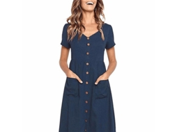 2026 vestido Casual para Mulher Verão Midi Manga Curta Gola em V Botões a Line com Bolsos