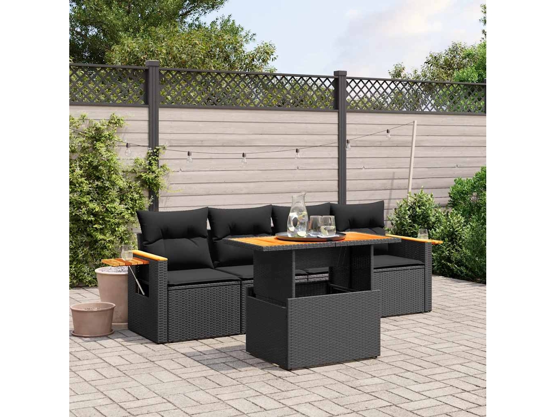 Vidaxl 5 Pcs Conjunto Sofás De Jardim Com Almofadões Vime Pe Preto
