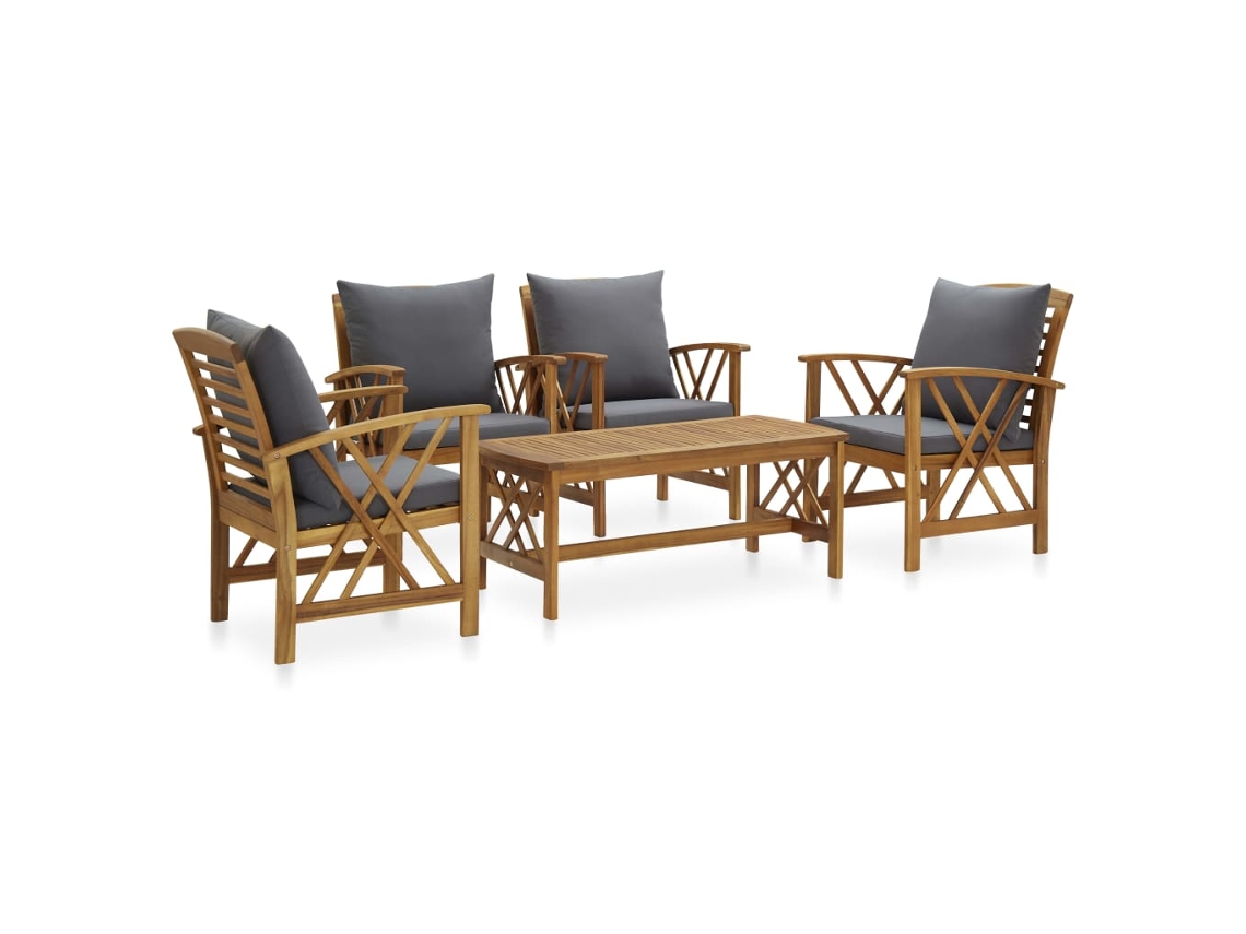 Conjunto 5 Peças Garden Lounge Com Almofadões Acácia Maciça Dkd Home Decor