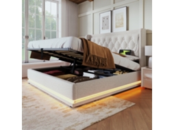 Cama Com Baú Estofada 180 X 200 Cm Em Tecido De Algodão - Com Função De Recarga E Led Na Base Da Cama - Bege