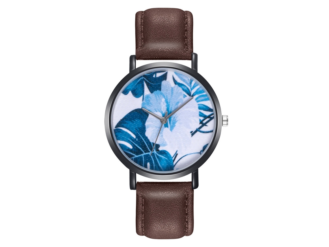 Relógio de quartzo unissex com pulseira de couro PU, mostrador azul com folhas (marrom)