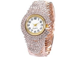 Feminino Relógio de Cristal Pulseira Relógio de Diamante Mostrador Redondo Relógio de Pulso-Rosa Ouro