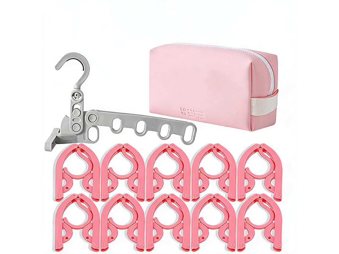 Conjunto Cabides CHRUI Dobráveis Viagem 10 Cabides + Cabide 5 Furos + Bolsa (rosa)