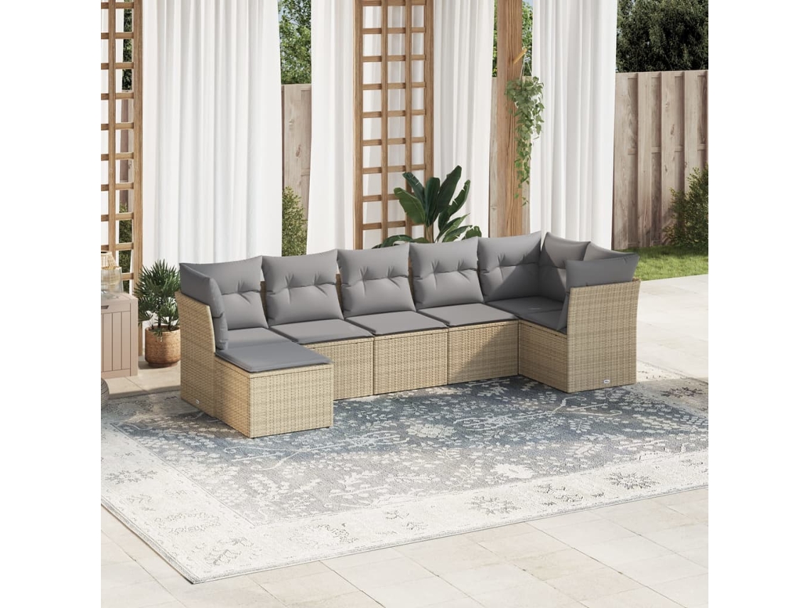 Vidaxl 7 Pcs Conjunto De Sofás P/ Jardim Com Almofadões Vime Pe Bege