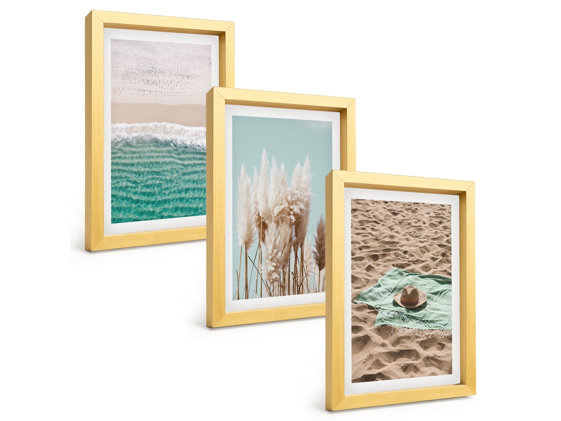 Composição De Quadros Ondas Da Praia, Chapéu De Grama Espelharte (3 Peças 20x30 Cm)