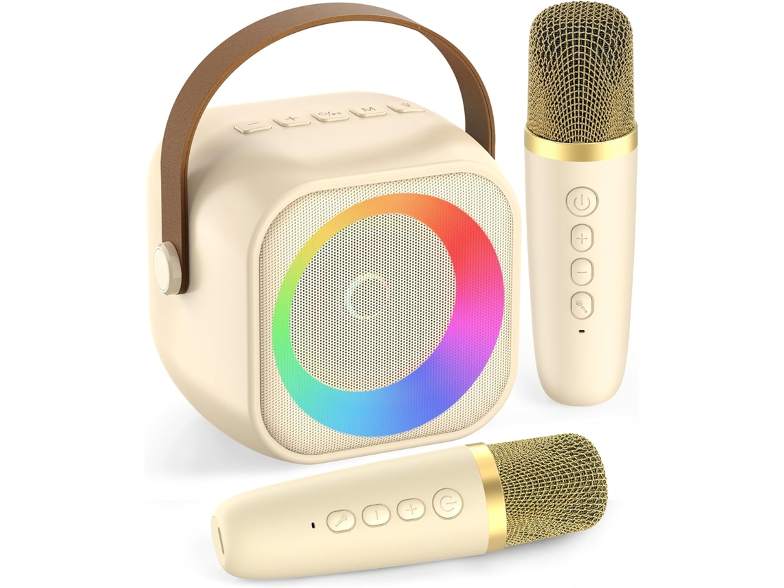 Altavoz Bluetooth Com Microfones Para Ktv Em Casa, Arma Mágica De Karaokê Familiar, Duas Microfones, Bege Sfushos