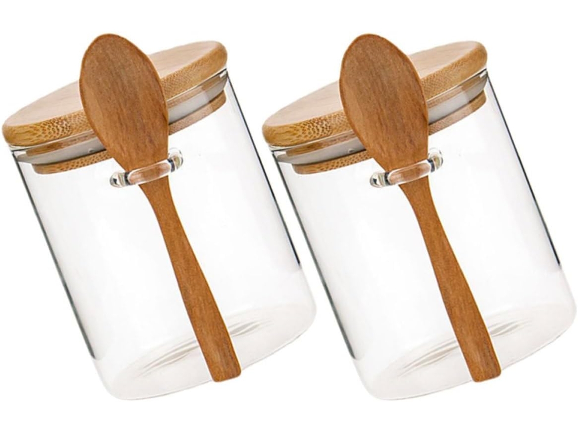 2 Potes De Vidro Redondos 500ml Com Tampas Herméticas Bambu E Colher, Fáceis De Usar E Estáveis, Ideais Para