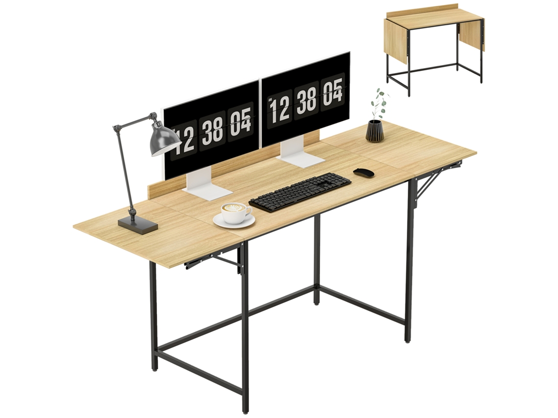 Mesa de computador dobrável com 2 prateleiras deslizantes espaço para monitores pernas de metal construção robusta carvalho+preto BTFORUS