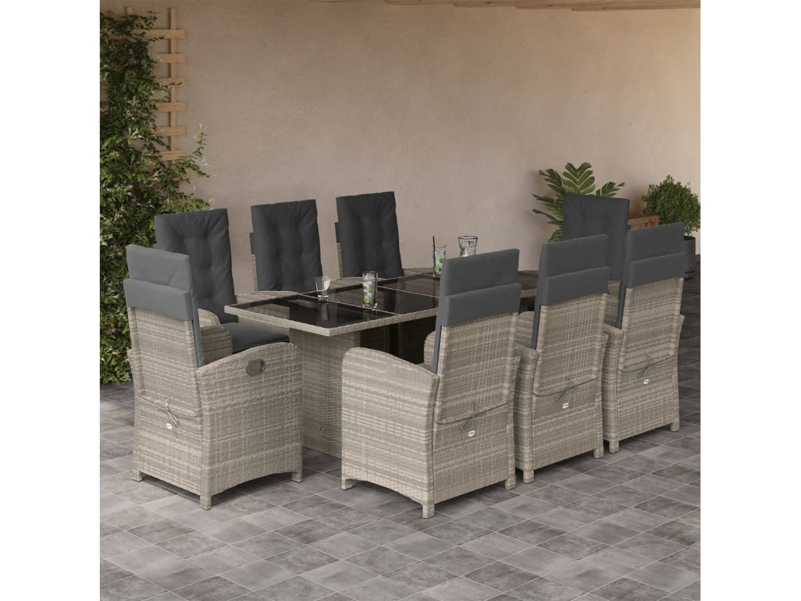 Vidaxl 9 Pcs Conjunto De Jantar P/ Jardim C/ Almofadões Cinzento Claro