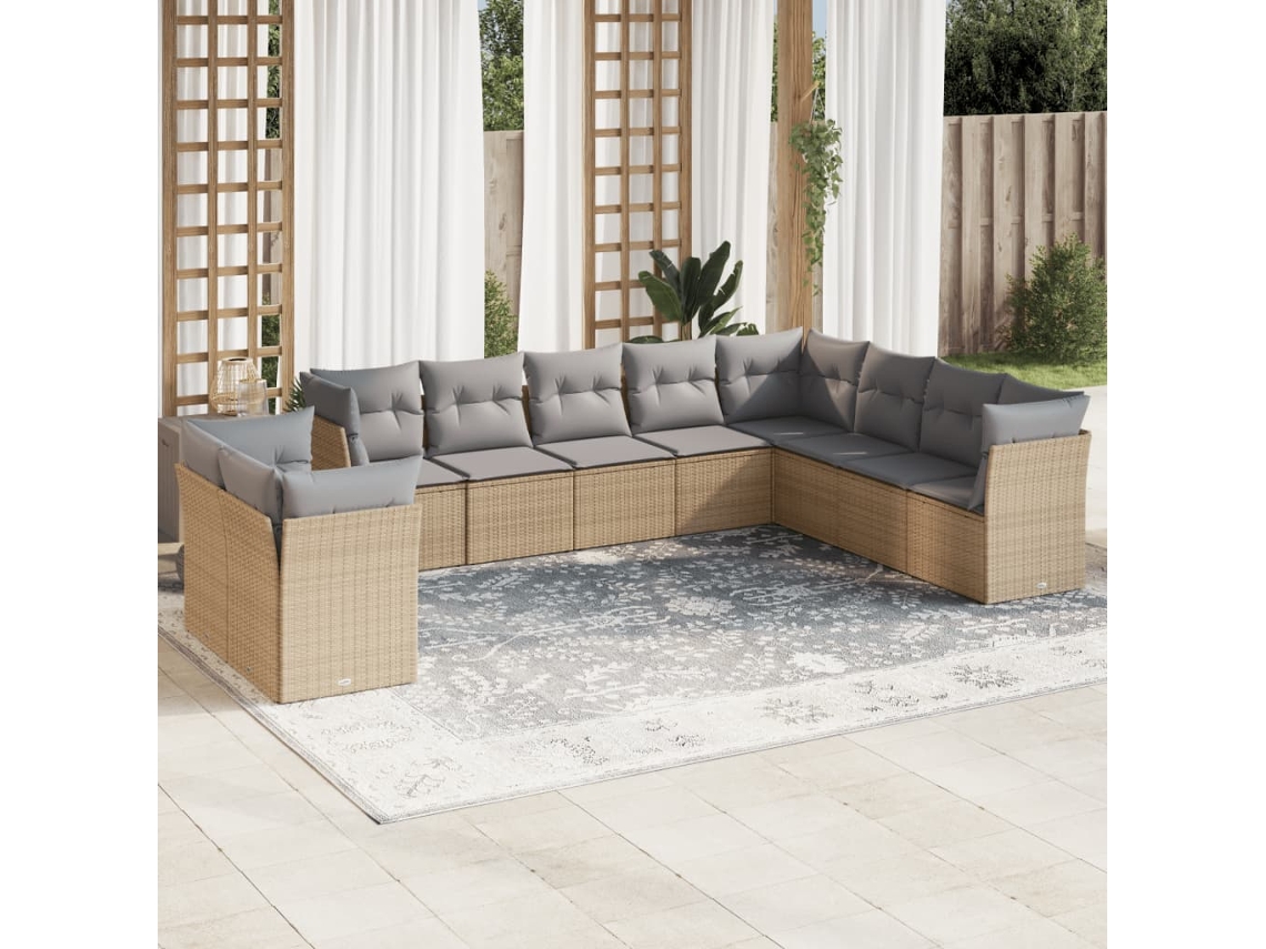 Vidaxl 10 Pcs Conjunto De Sofás P/ Jardim Com Almofadões Vime Pe Bege