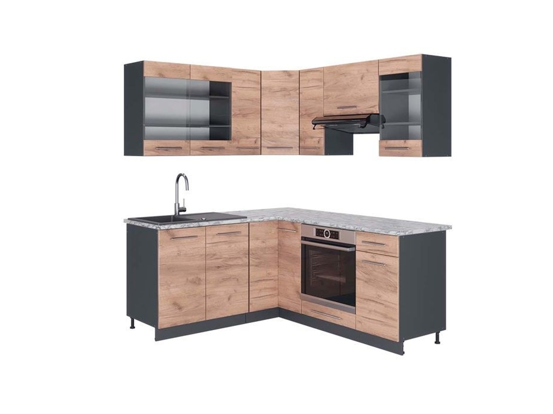 Cozinha de canto Fame-Line, 160 x 190 cm, Mármore PT, Carvalho dourado/antracite, Vicco