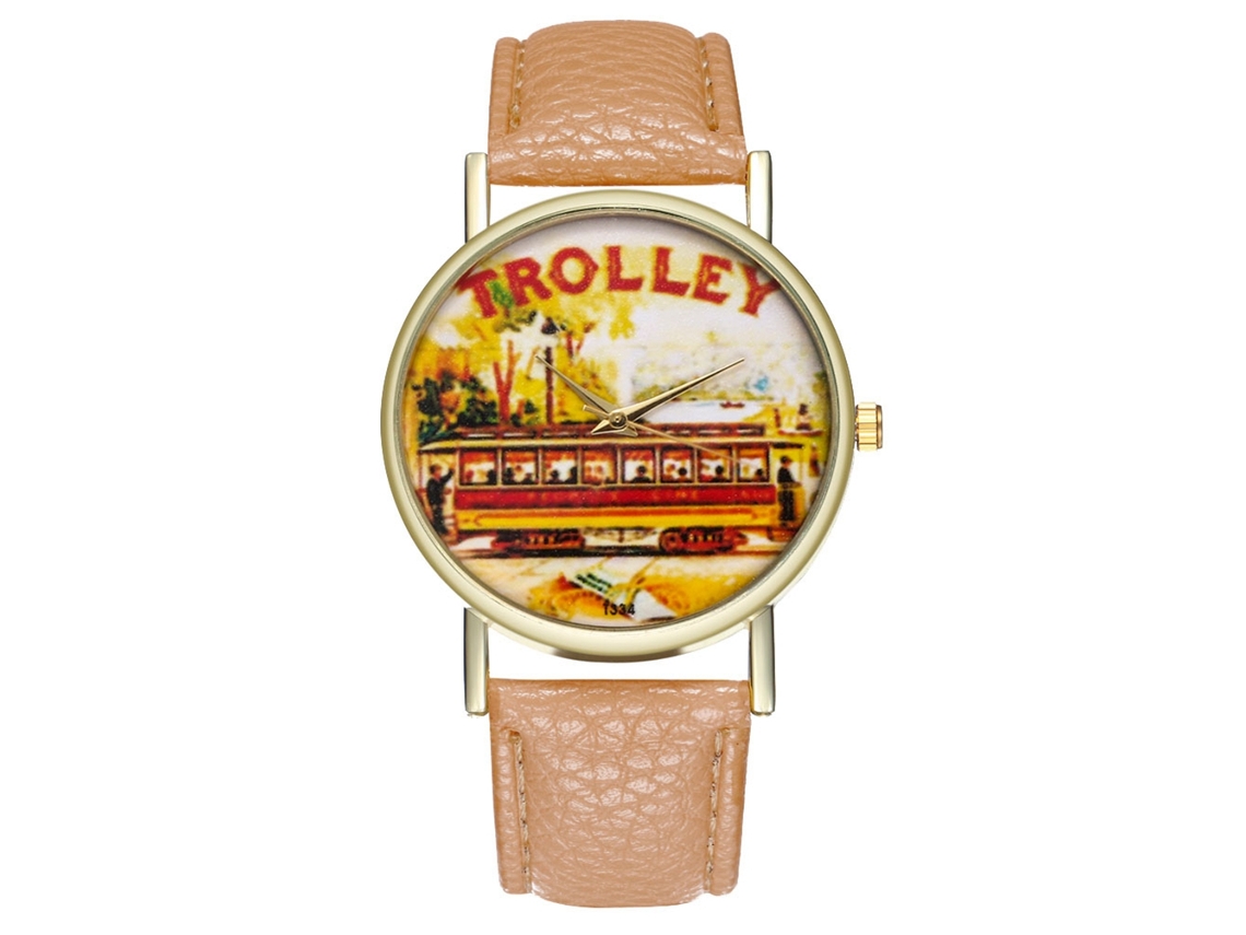 Reloj De Pulsera Unisex De Cuarzo Con Correa Pu Y Dial Redondo Patrón Trolley (beige)