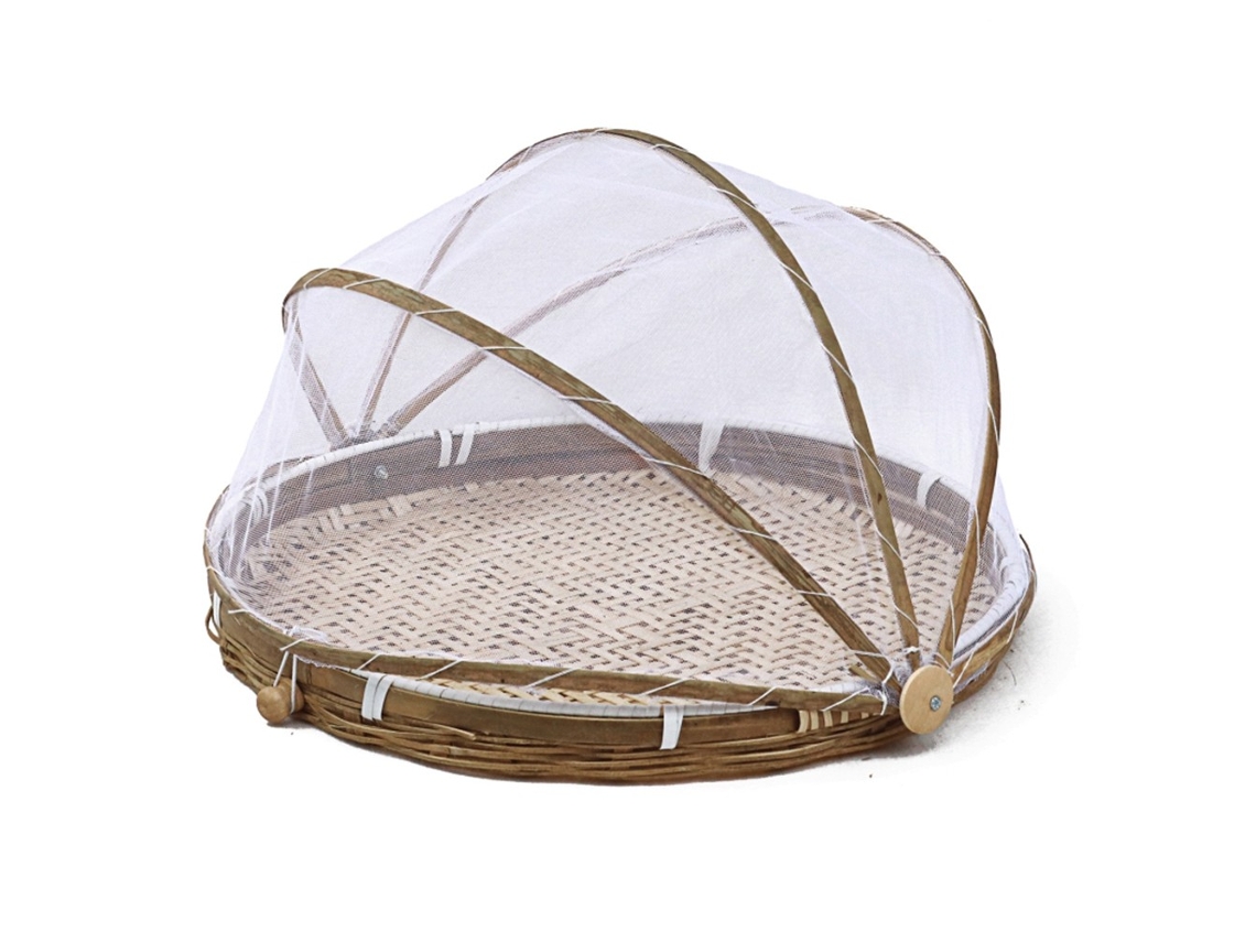 Cesta De Comida Bambu Redonda Tecida À Mão Com Capa Malha, Barraca Servir