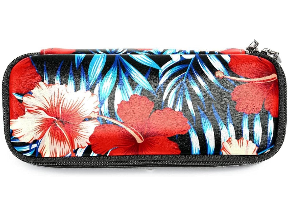 Caixa organizadora vermelha de grande capacidade com estampa de flores e folhas tropicais, ideal para escola, mesa de trabalho e adultos.