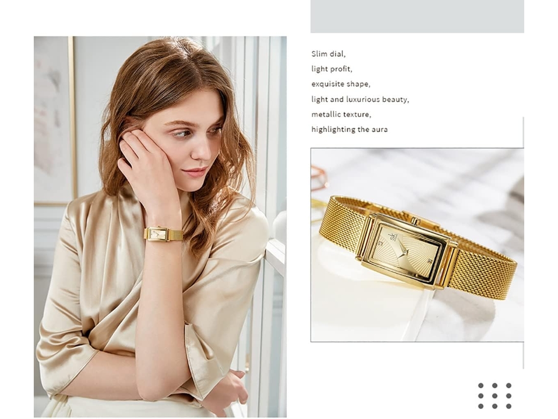 Lurelia Relógio Feminino, Movimento De Quartzo, Detalhes Com Strass, Vidro Mineral, Dourado
