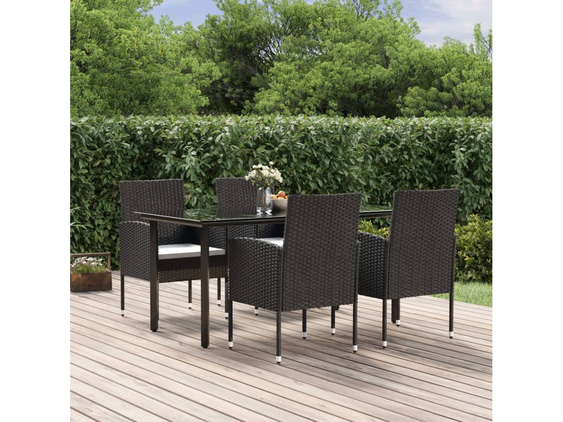 Vidaxl 5 Pcs Conjunto De Jantar P/ Jardim C/ Almofadões Vime Pe Preto