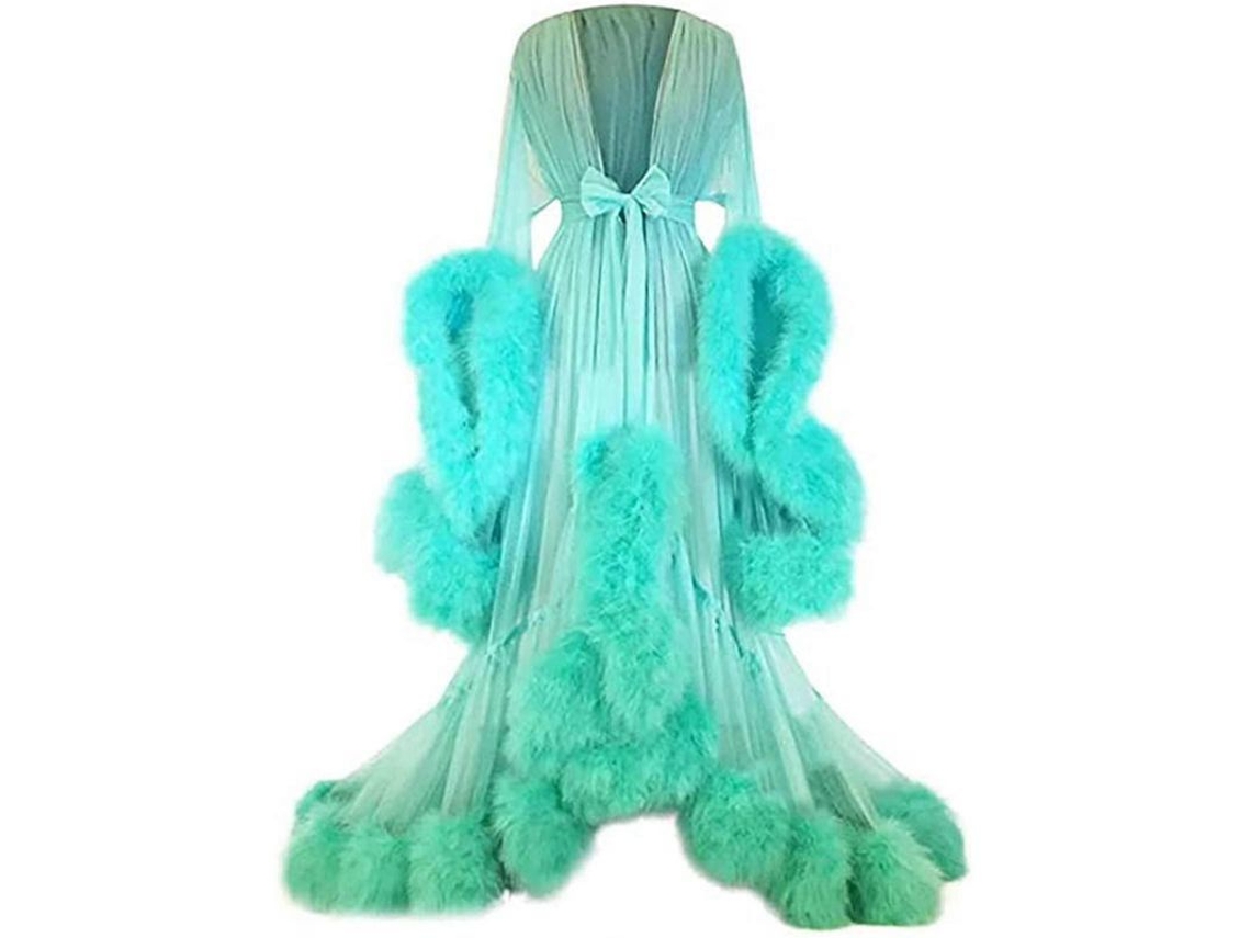 Vestido Largo Plumas Mangas Amplias para Fiestas de Soltera Color Menta Talla Plus XL Verde Menta