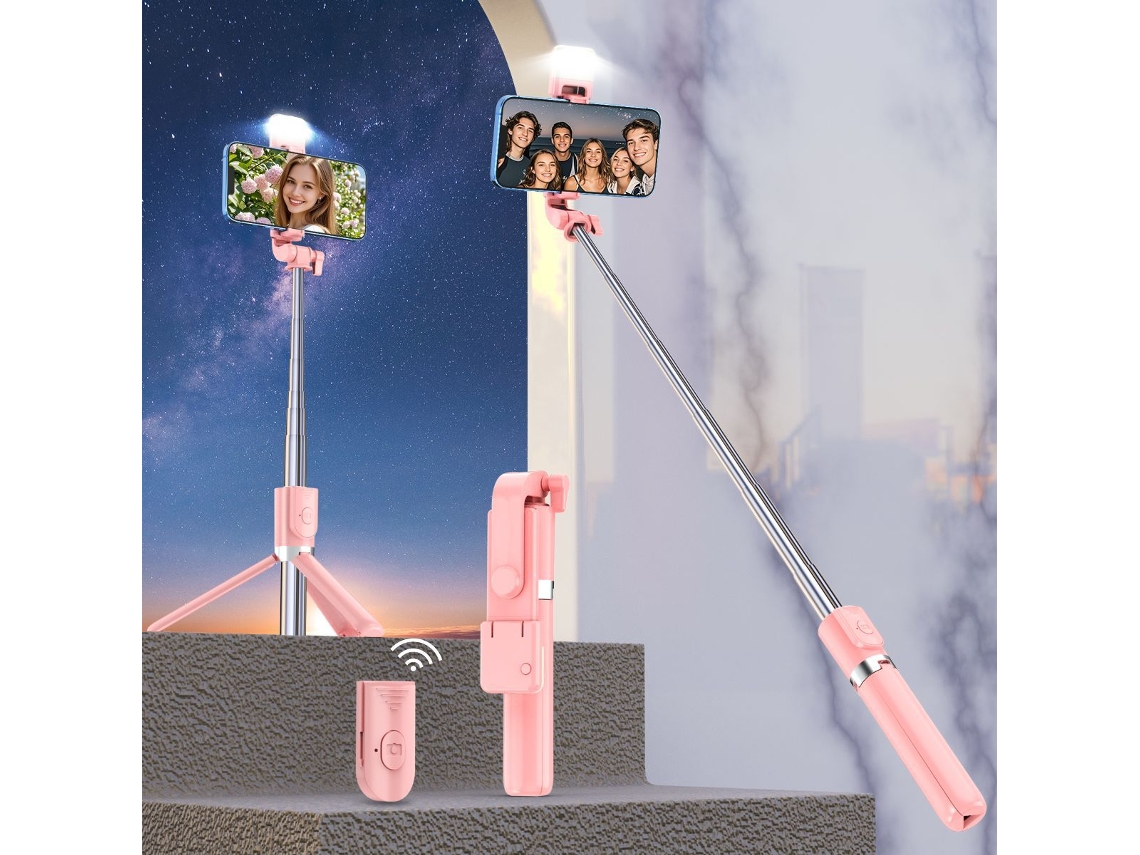 Palo selfie com tripé integrado e luz LED, compacto ZYBLSSBB