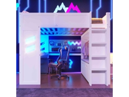Cama Alta para Jogos 140x200 Cm com Escrivaninha, Led, Usb, Type c, Gavetas, Branca VSOGA