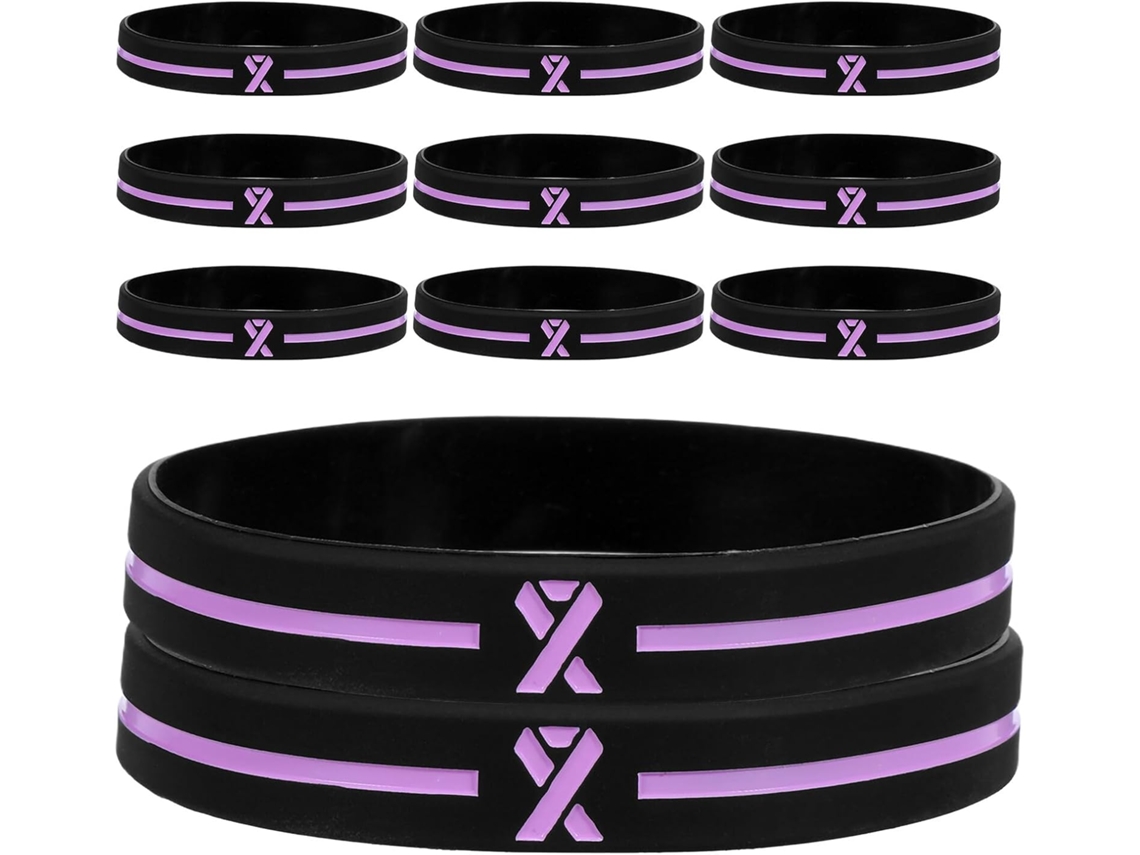 Conjunto de 30 pulseiras de silicone em homenagem à luta contra o câncer de mama.