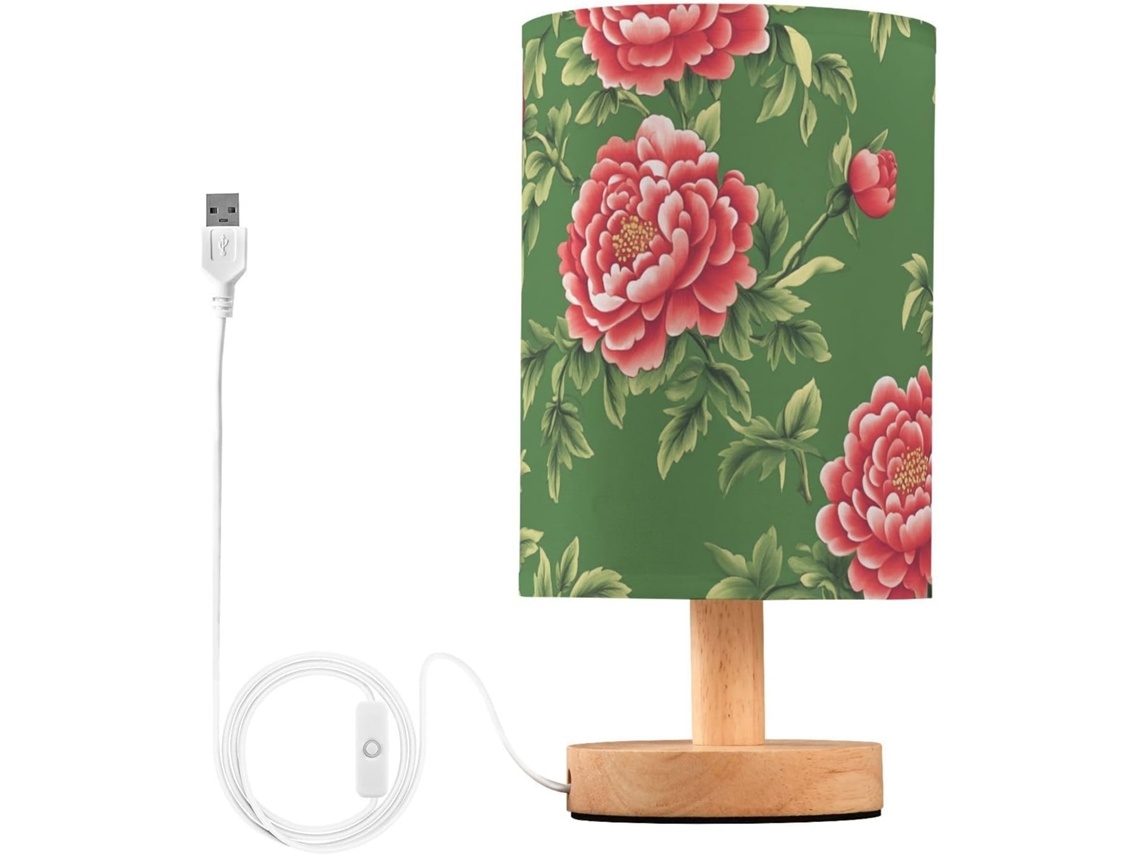 Abajur Mesa Infantil com LED Verde e Vermelho com Flores Chinesas, Luz Quente