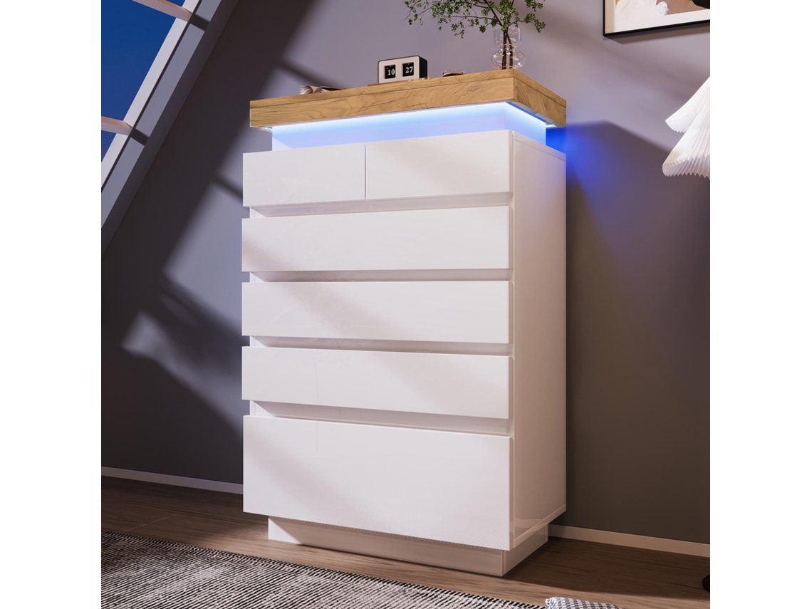 Cômoda Com Acabamento Brilhante, Aparador Com 6 Gavetas, Iluminação Led, Móvel Multifuncional Para Sala De Estar E Quarto,