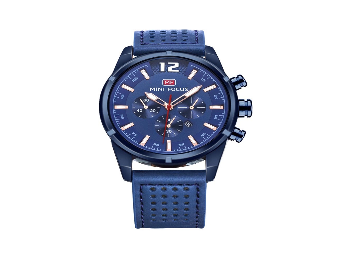 Relógio masculino fashion com pulseira de couro, mostrador redondo, movimento analógico de quartzo (azul)