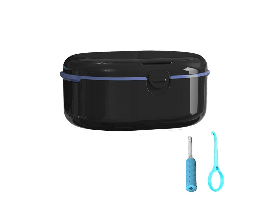 Estojo portátil para dentaduras com cesto coador, inclui ferramentas de limpeza e armazenamento para protetores e aparelhos ortodônticos. Sygo