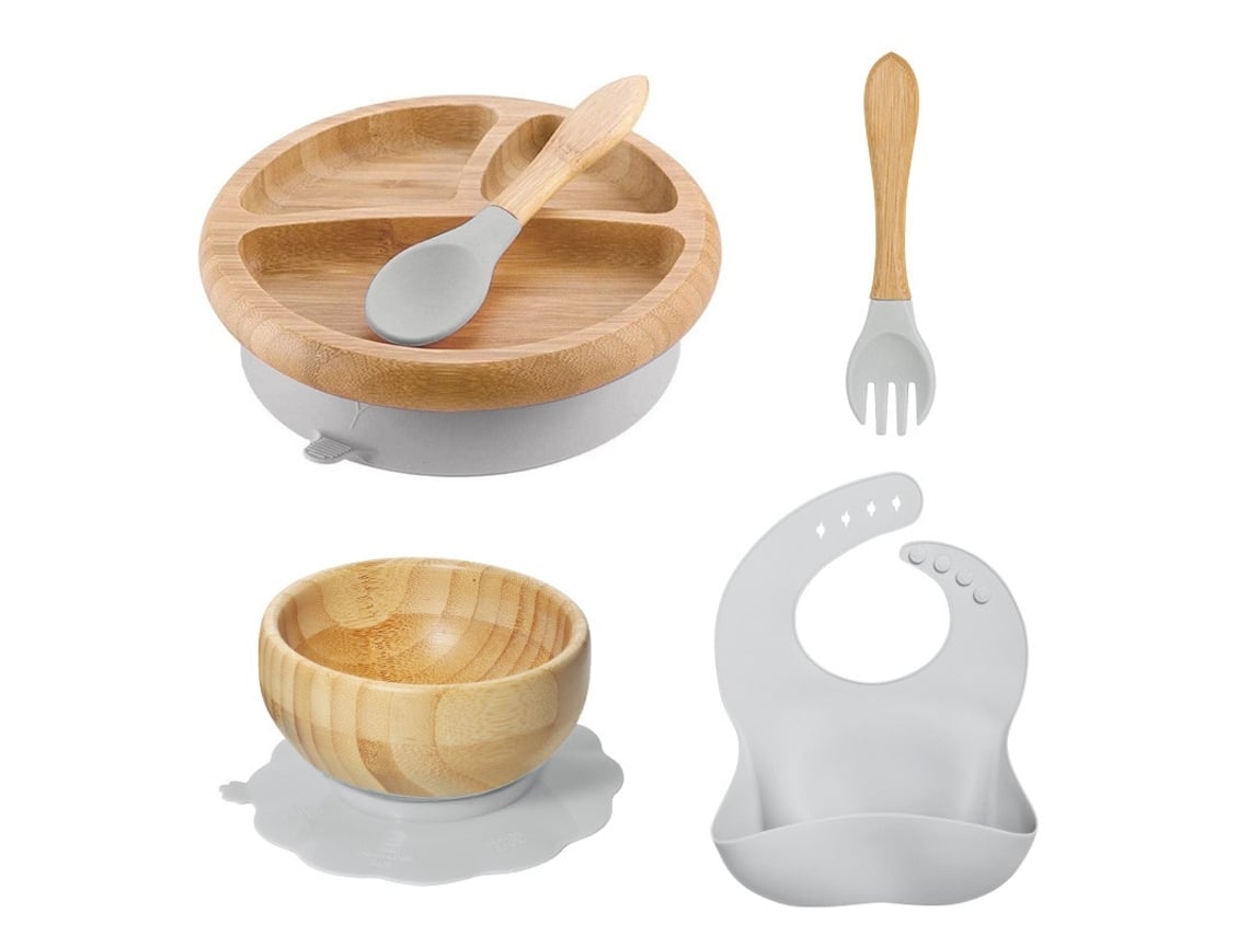 Conjunto De Refeição Para Bebé 5 Em 1, Em Silicone E Bambu, Com Prato, Talheres E Babete, Cinzento Elysve