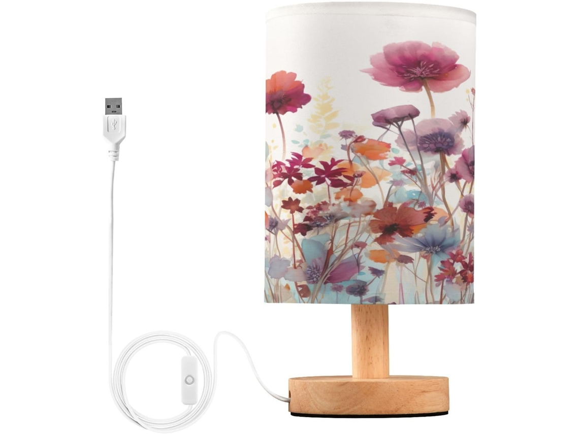 Luminária De Cabeceira Led Com Portas Usb Leitura Mesa Para Quarto Cúpula Tecido E Base Madeira Escritório Dormitório