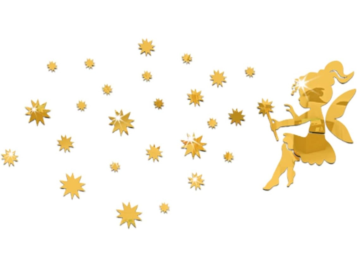 Conjunto De 3 Adesivos De Parede Espelhados Com Desenho De Fada Soprando Estrelas.