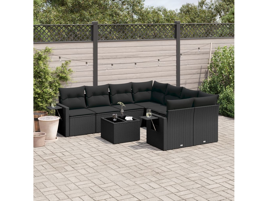 Vidaxl 9 Pcs Conjunto De Sofás P/ Jardim C/ Almofadões Vime Pe Preto
