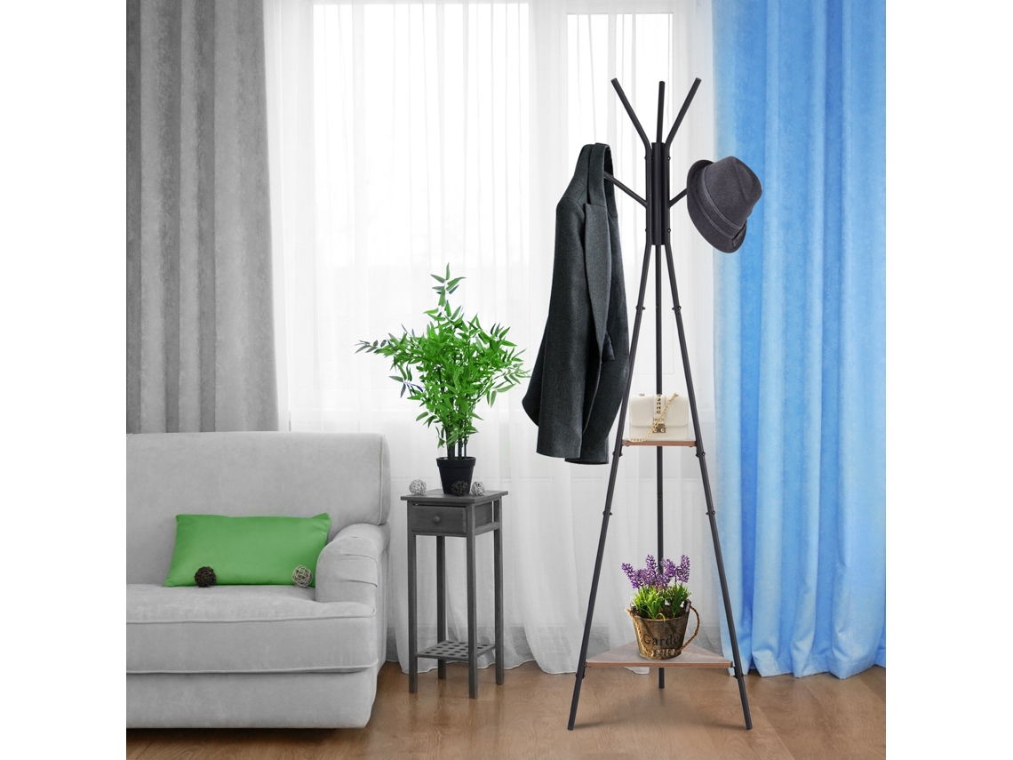 Appendiabiti Da Terra Con 2 Ripiani E 6 Ganci, Attaccapanni Ad Albero In Stile Industriale, 46x52x182 Cm, Nero E Marrone