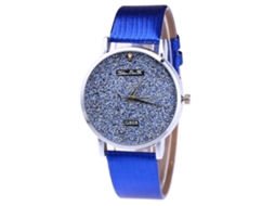Relógio de quartzo unissex azul com pulseira de couro PU e diamantes brilhantes.