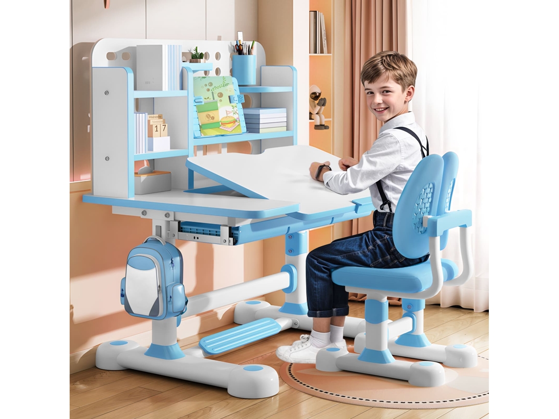 Escrivaninha Infantil Com Cadeira, Altura Ajustável, Mesa Inclinável 0‑50°, Mdf E Metal, Grande Espaço De Escrita E Armazenamento, Ergonómica, Azul