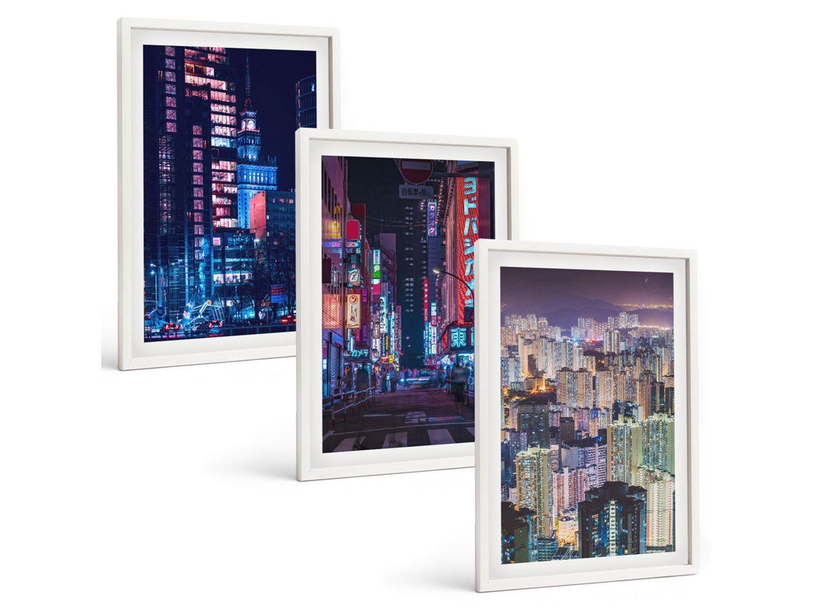 Quadros Decorativos Para Parede Cidade Noturna, Luzes De Neon Moldura Branca Quadros Para A Sala De Estar Espelharte (3 Piezas De 40x60 Cm)