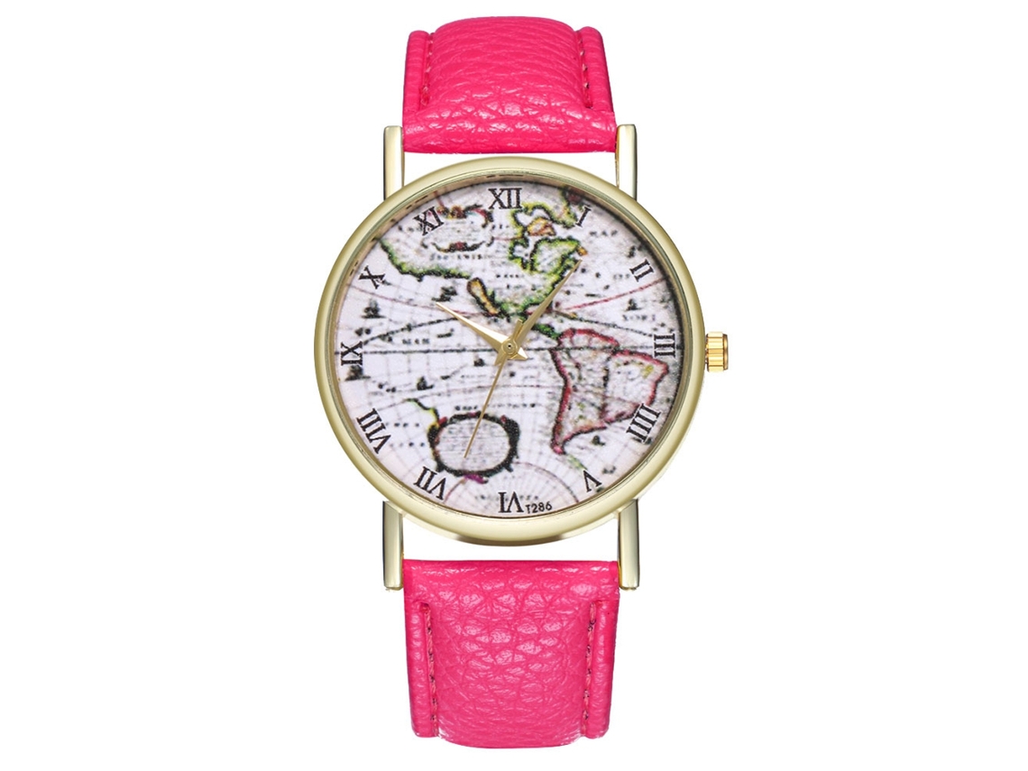 Relógio de Pulso Feminino de Quartzo Moda com Pulseira de Couro Padrão Mapa Rosy