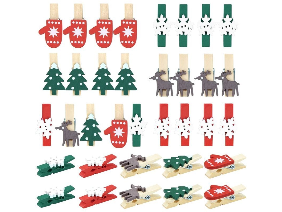 100 grampos de madeira natalinos com estilos de árvore, nevasca, elfo e luva para decoração de festas S/MARCA