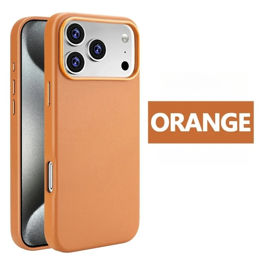(laranja, Iphone 13 Pro) Capa De Celular Premium Em Couro Genuíno Com Forte Adsorção Magnética Para Carregamento Sem Fio.