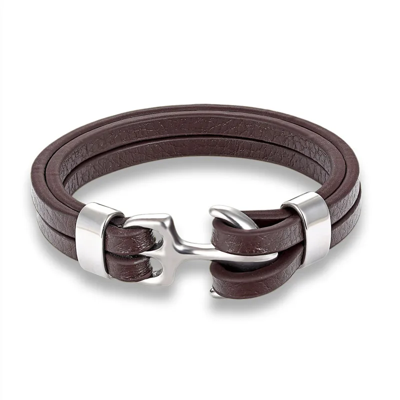 Pulseira Masculina em Couro Genuíno com Pingente de Âncora e Fecho em Aço Inoxidável. MDUG